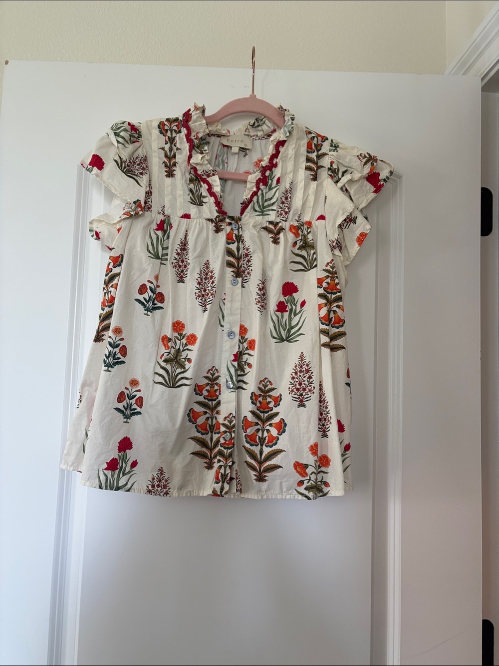 Off White Floral Button Front Ruffle Sleeve Blouse
